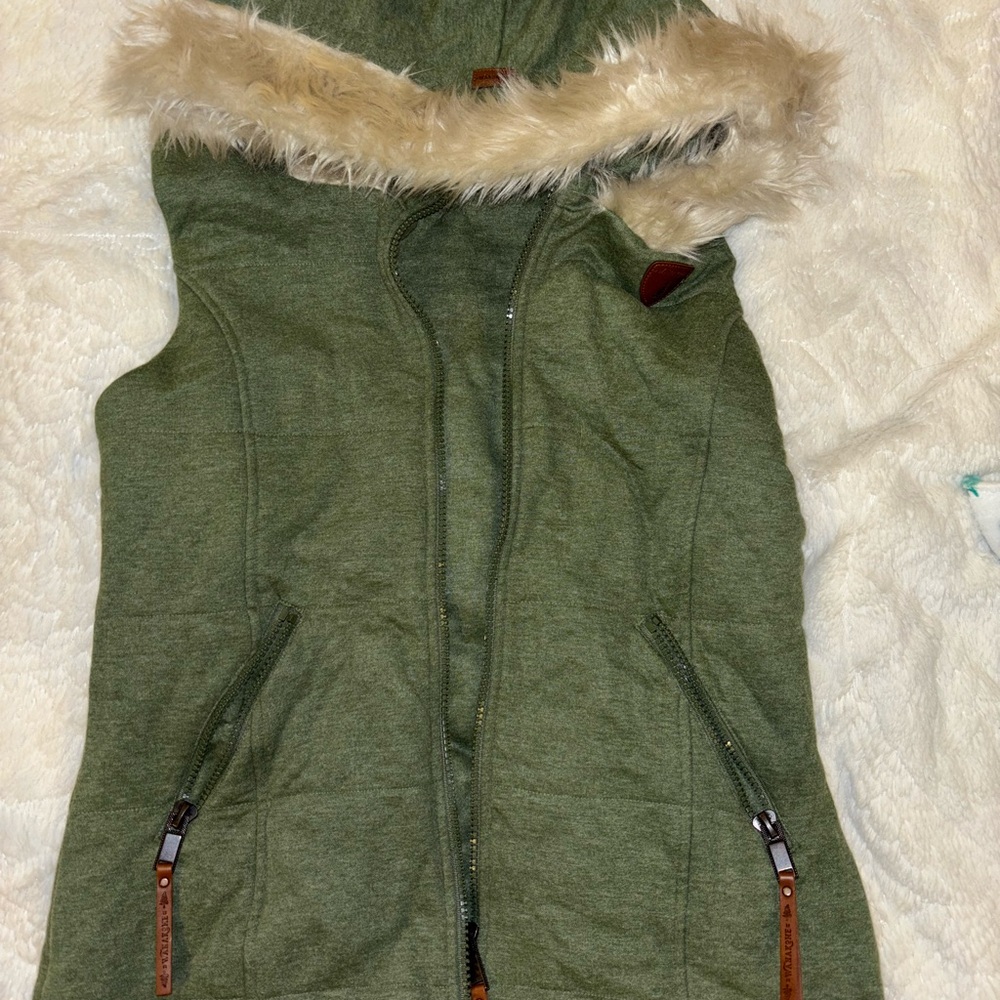 Wanakome Olive Green Vest with Faux Fur Trim
